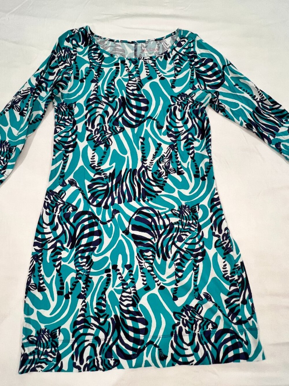 Lilly Pulitzer Marlowe Dress M I’m Game Zebra Teal Pima Cotton 3/4 Sleeve